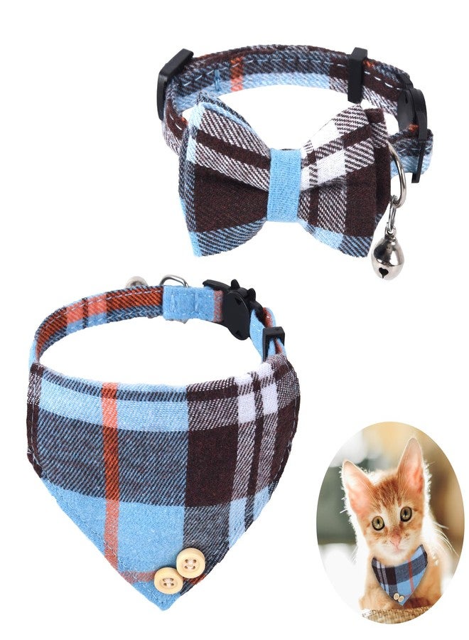 ChengFu Mini Cat Bandana, Cat Tie Collar, Cats Bandana Collar with Bells and Bowtie, Kitten Bow Tie with Safety Buckle Adjustable Size for Small Cats Boys or Girls, Blue (2 pcs) - Image 1
